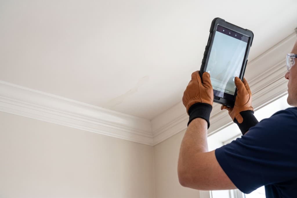 A BQHS technician documenting a ceiling issue during a Home Health Check